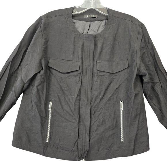DKNY Black Jacket Preppy Long Sleeves Full Zip Windbreaker Pockets Womens Size S - Picture 1 of 10